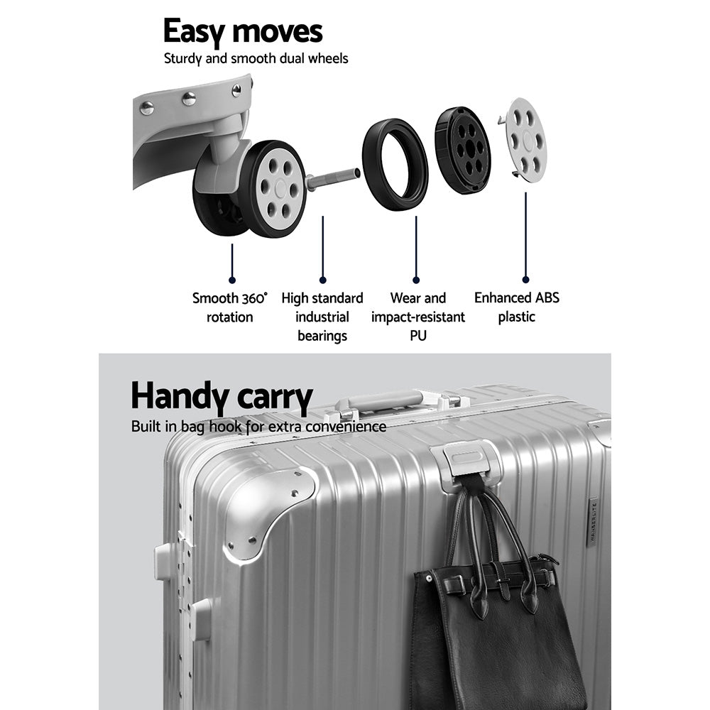 Wanderlite 28&quot; Luggage Trolley Travel Suitcase Set TSA Carry On Lightweight Aluminum Silver-Luggage-PEROZ Accessories