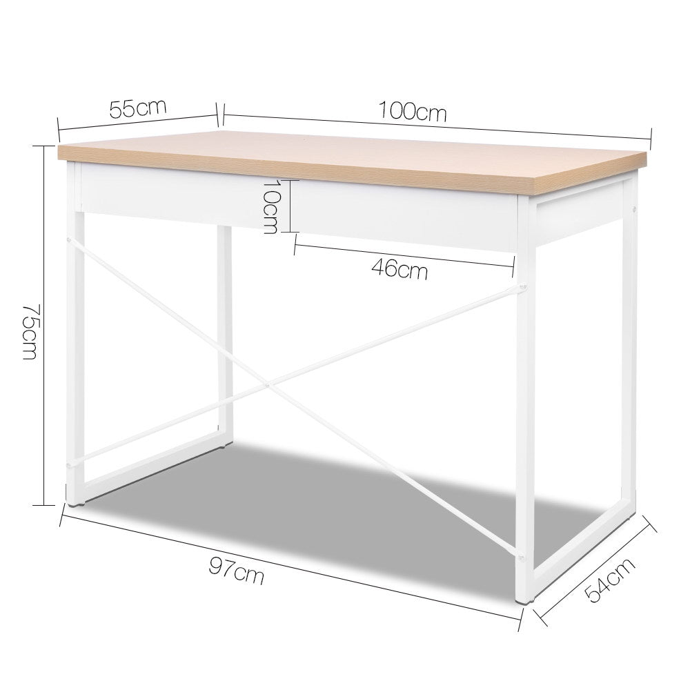 Artiss Metal Desk with Drawer - White with Wooden Top-Furniture &gt; Office - Peroz Australia - Image - 2