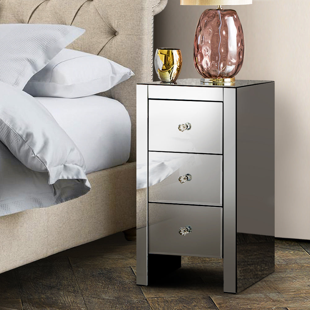 Artiss Mirrored Bedside Tables Drawers Crystal Chest Nightstand Glass Grey-Furniture > Bedroom - Peroz Australia - Image - 1