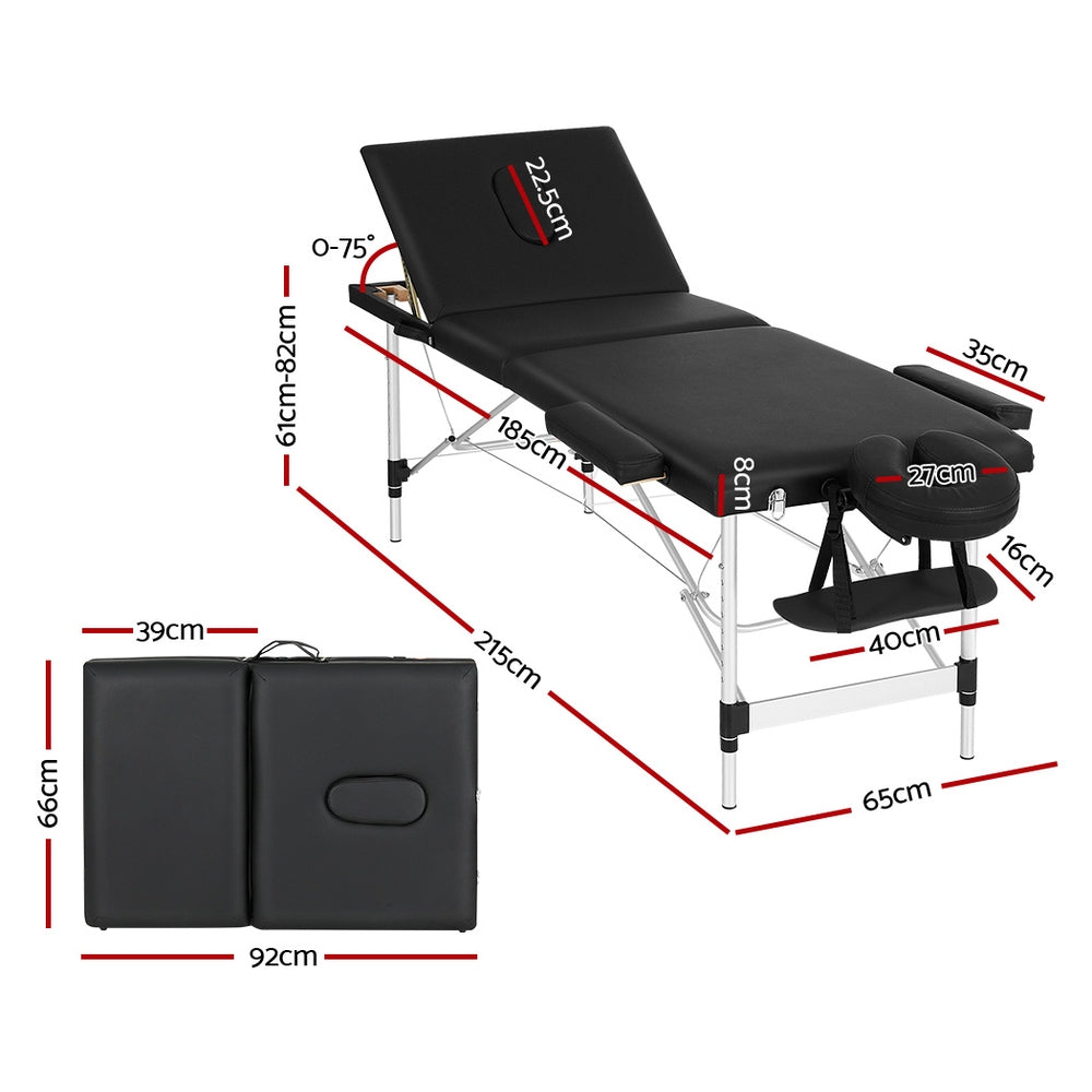 Zenses Massage Table 65cm Portable 3 Fold Aluminium Beauty Bed Black-Health &amp; Beauty &gt; Massage-PEROZ Accessories