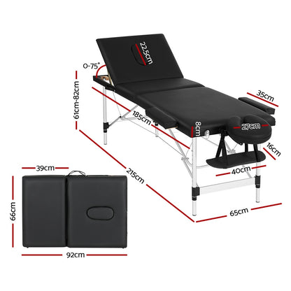 Zenses Massage Table 65cm Portable 3 Fold Aluminium Beauty Bed Black-Health &amp; Beauty &gt; Massage-PEROZ Accessories