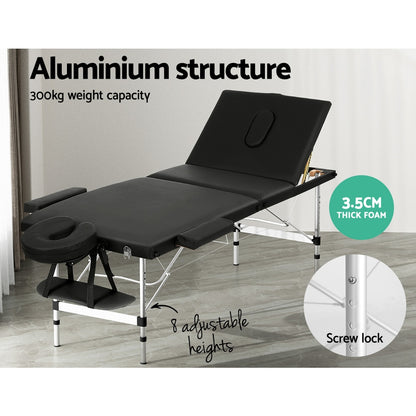 Zenses Massage Table 65cm Portable 3 Fold Aluminium Beauty Bed Black-Health &amp; Beauty &gt; Massage-PEROZ Accessories
