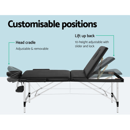 Zenses Massage Table 65cm Portable 3 Fold Aluminium Beauty Bed Black-Health &amp; Beauty &gt; Massage-PEROZ Accessories