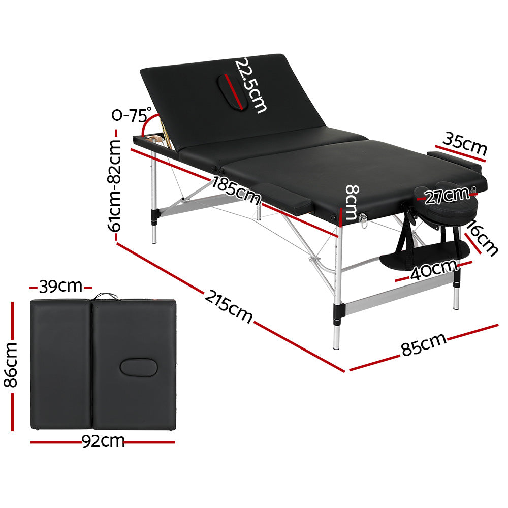 Zenses Massage Table 85cm Portable 3 Fold Aluminium Beauty Bed Black-Health &amp; Beauty &gt; Massage-PEROZ Accessories