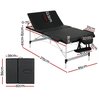 Zenses Massage Table 85cm Portable 3 Fold Aluminium Beauty Bed Black-Health &amp; Beauty &gt; Massage-PEROZ Accessories