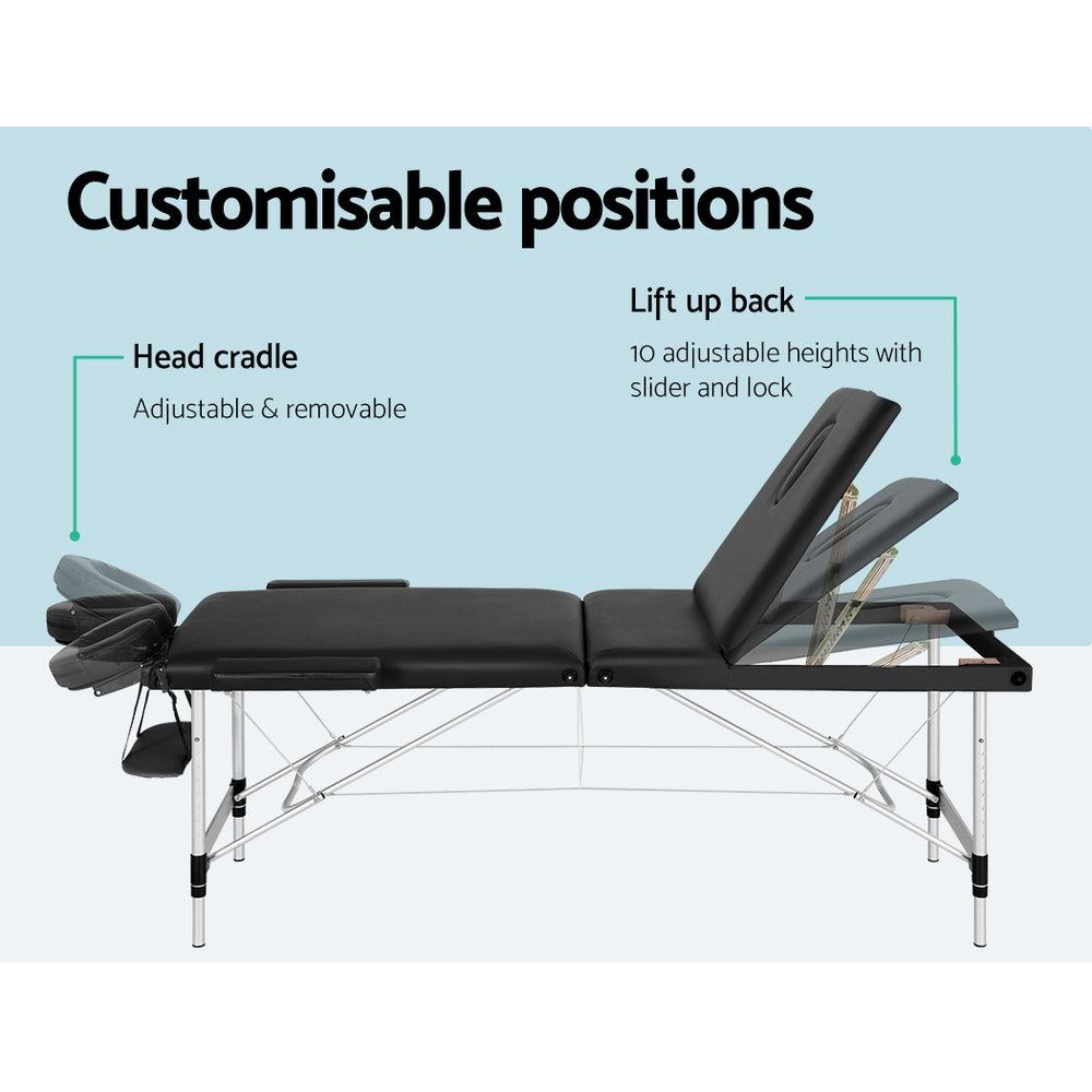 Zenses Massage Table 85cm Portable 3 Fold Aluminium Beauty Bed Black-Health &amp; Beauty &gt; Massage-PEROZ Accessories