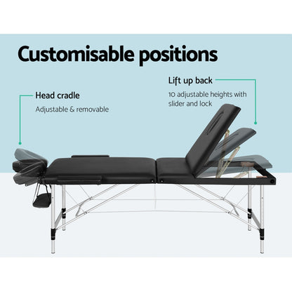 Zenses Massage Table 85cm Portable 3 Fold Aluminium Beauty Bed Black-Health &amp; Beauty &gt; Massage-PEROZ Accessories