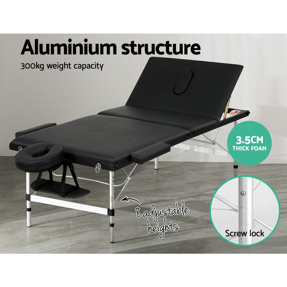 Zenses Massage Table 85cm Portable 3 Fold Aluminium Beauty Bed Black-Health &amp; Beauty &gt; Massage-PEROZ Accessories