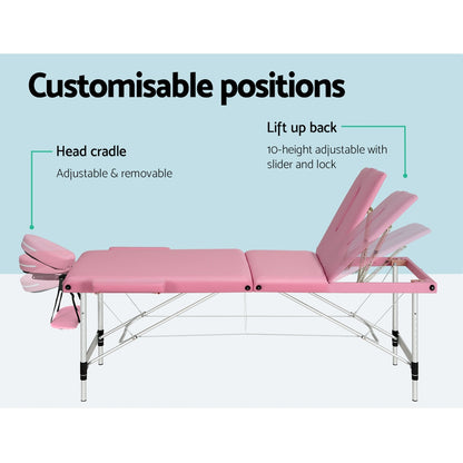 Zenses Massage Table 85cm Portable 3 Fold Aluminium Beauty Bed Pink-Health &amp; Beauty &gt; Massage-PEROZ Accessories