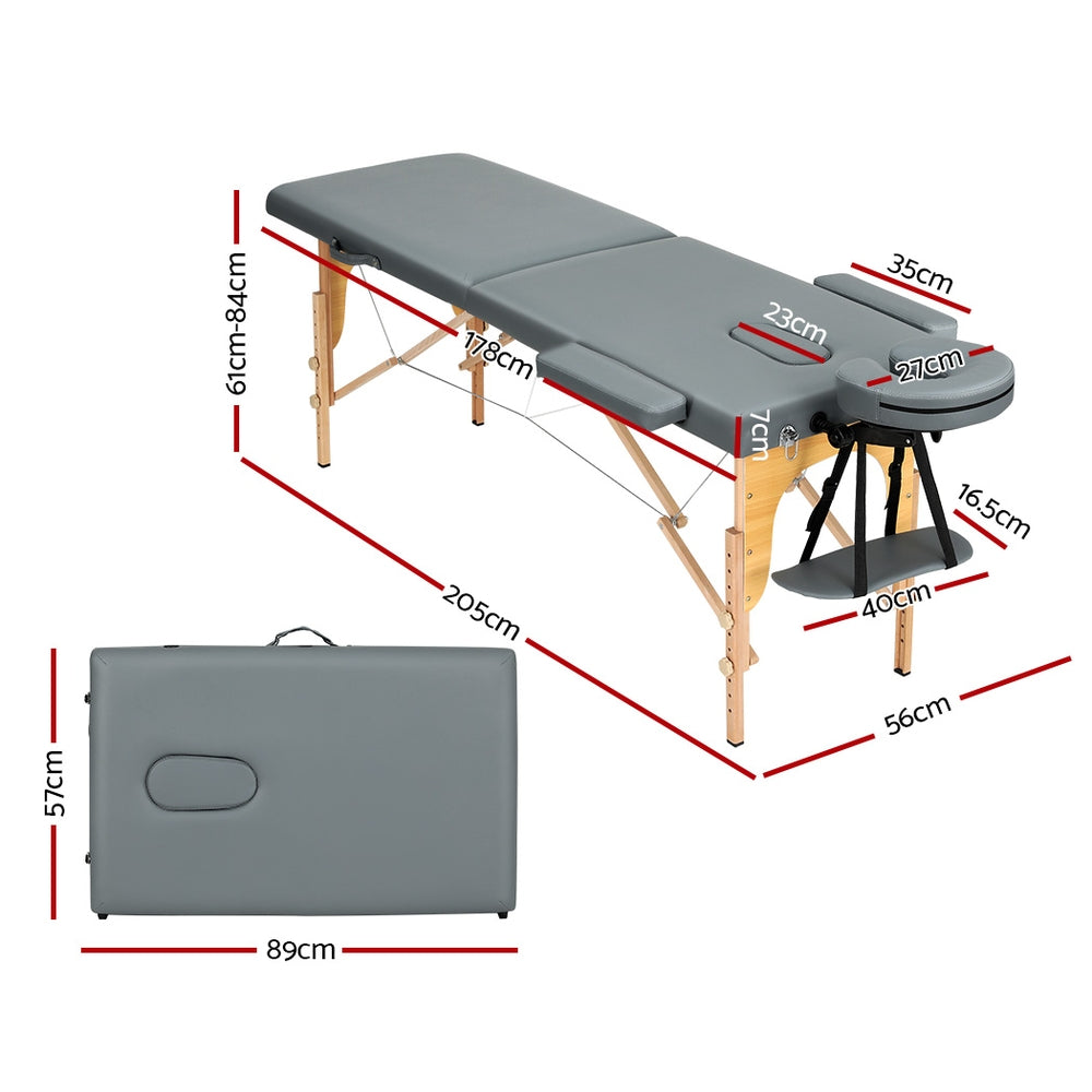 Zenses Massage Table 56cm Portable 2 Fold Wooden Beauty Bed Grey-Health &amp; Beauty &gt; Massage-PEROZ Accessories