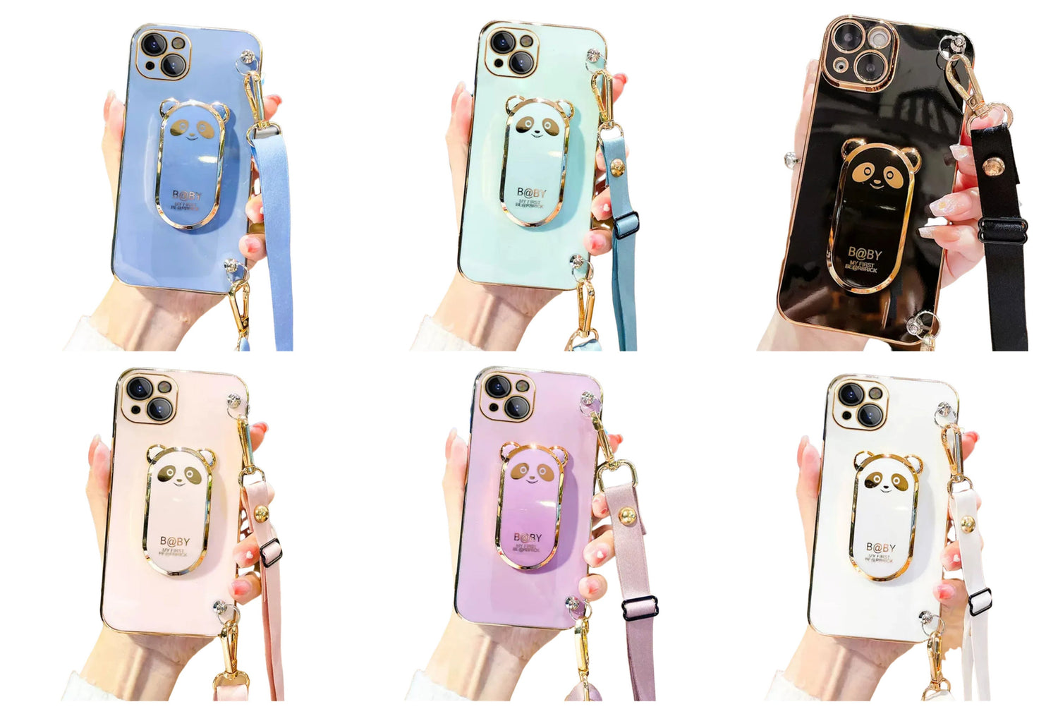 Anymob iPhone Case Shockproof Dark Pink Plating Panda Crossbody Necklace Stand Lanyard Case Strap Cover-Mobile Phone Cases-PEROZ Accessories