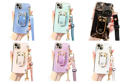 Anymob iPhone Case Shockproof Dark Pink Plating Panda Crossbody Necklace Stand Lanyard Case Strap Cover-Mobile Phone Cases-PEROZ Accessories