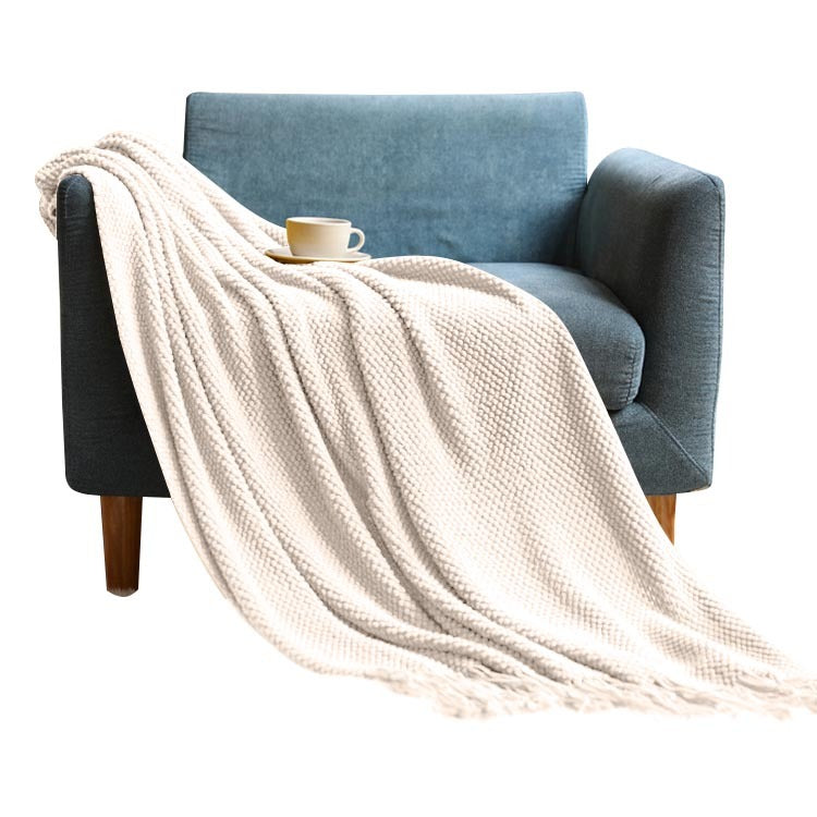 Anyhouz 127*172cm White Blanket Home Decorative Thickened Knitted Corn Grain Waffle Embossed Winter Warm Tassels Throw Bedspread-Blankets-PEROZ Accessories