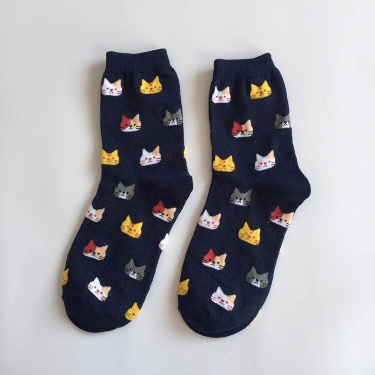 Anysox 5 Pairs Navy Blue Cat Size 5-9 Fashion Socks High Quality Office Sports Bussiness Long Socks Cotton Solid Colors Skateboard Knitted Casual-Socks-PEROZ Accessories