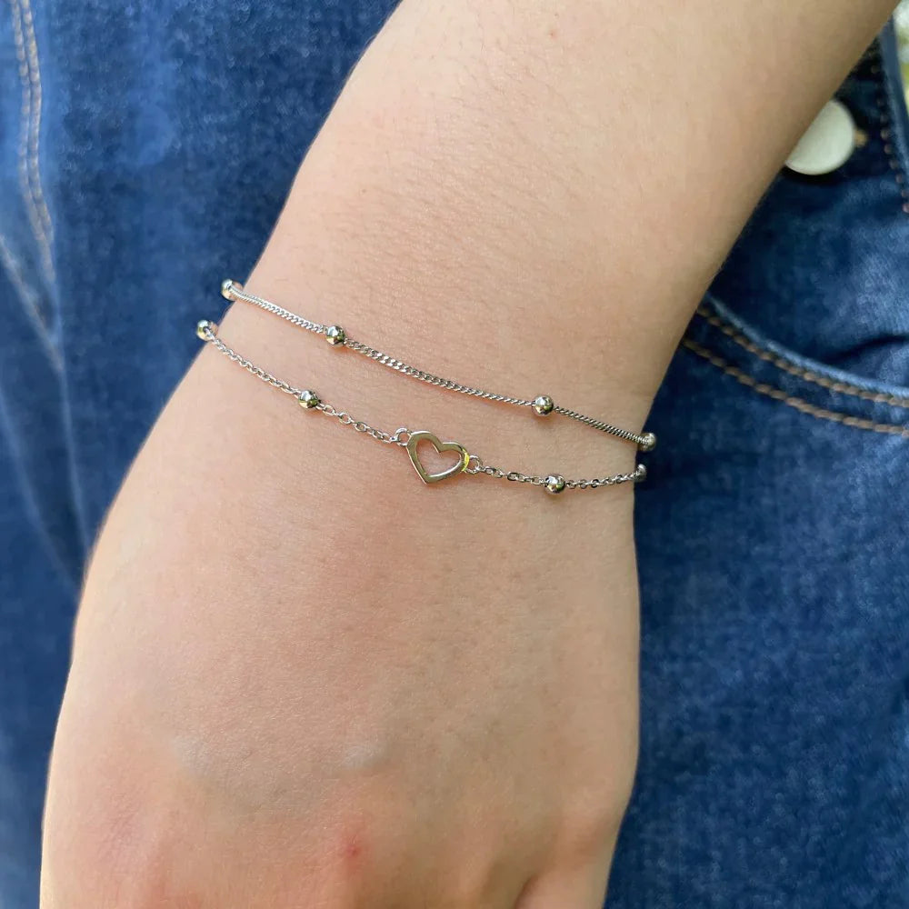 Anyco Bracelet Minimalist Hollow Heart Double Layers Stackable Extension Chain 925 Sterling Silver Bead Link Chain Bracelet-Bracelets-PEROZ Accessories