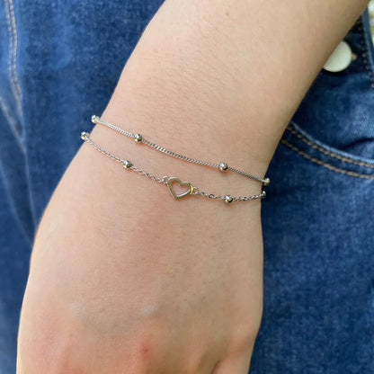 Anyco Bracelet Minimalist Hollow Heart Double Layers Stackable Extension Chain 925 Sterling Silver Bead Link Chain Bracelet-Bracelets-PEROZ Accessories