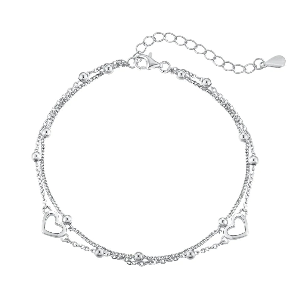 Anyco Bracelet Minimalist Hollow Heart Double Layers Stackable Extension Chain 925 Sterling Silver Bead Link Chain Bracelet-Bracelets-PEROZ Accessories
