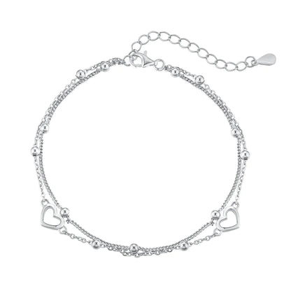 Anyco Bracelet Minimalist Hollow Heart Double Layers Stackable Extension Chain 925 Sterling Silver Bead Link Chain Bracelet-Bracelets-PEROZ Accessories
