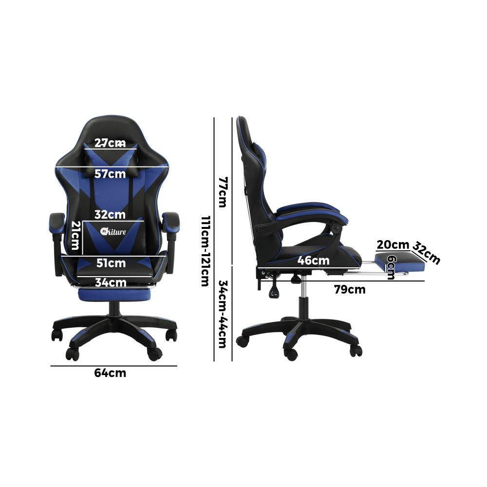Oikiture Gaming Chair with Massage and 135¡ Recline, Executive Office Chair PU Leather Racing Chair with Footrest, Height Adjustable SGS Listed Gas-Lift, 160kg Capacity (Black&amp;Blue)-Racing Gaming Chair-PEROZ Accessories