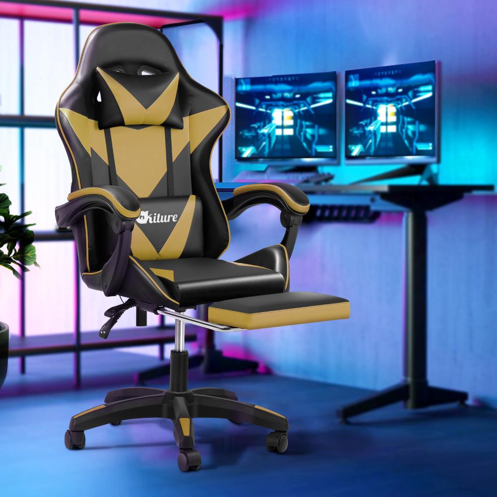 Oikiture Gaming Chair with Massage and 135¡ Recline, Executive Office Chair PU Leather Racing Chair with Footrest, Height Adjustable SGS Listed Gas-Lift, 160kg Capacity (Black&amp;Gold)-Racing Gaming Chair-PEROZ Accessories