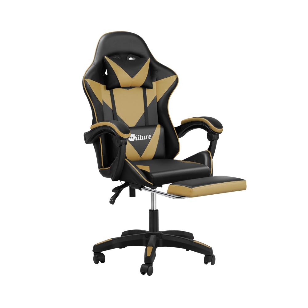 Oikiture Gaming Chair with Massage and 135¡ Recline, Executive Office Chair PU Leather Racing Chair with Footrest, Height Adjustable SGS Listed Gas-Lift, 160kg Capacity (Black&amp;Gold)-Racing Gaming Chair-PEROZ Accessories