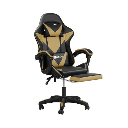 Oikiture Gaming Chair with Massage and 135¡ Recline, Executive Office Chair PU Leather Racing Chair with Footrest, Height Adjustable SGS Listed Gas-Lift, 160kg Capacity (Black&amp;Gold)-Racing Gaming Chair-PEROZ Accessories