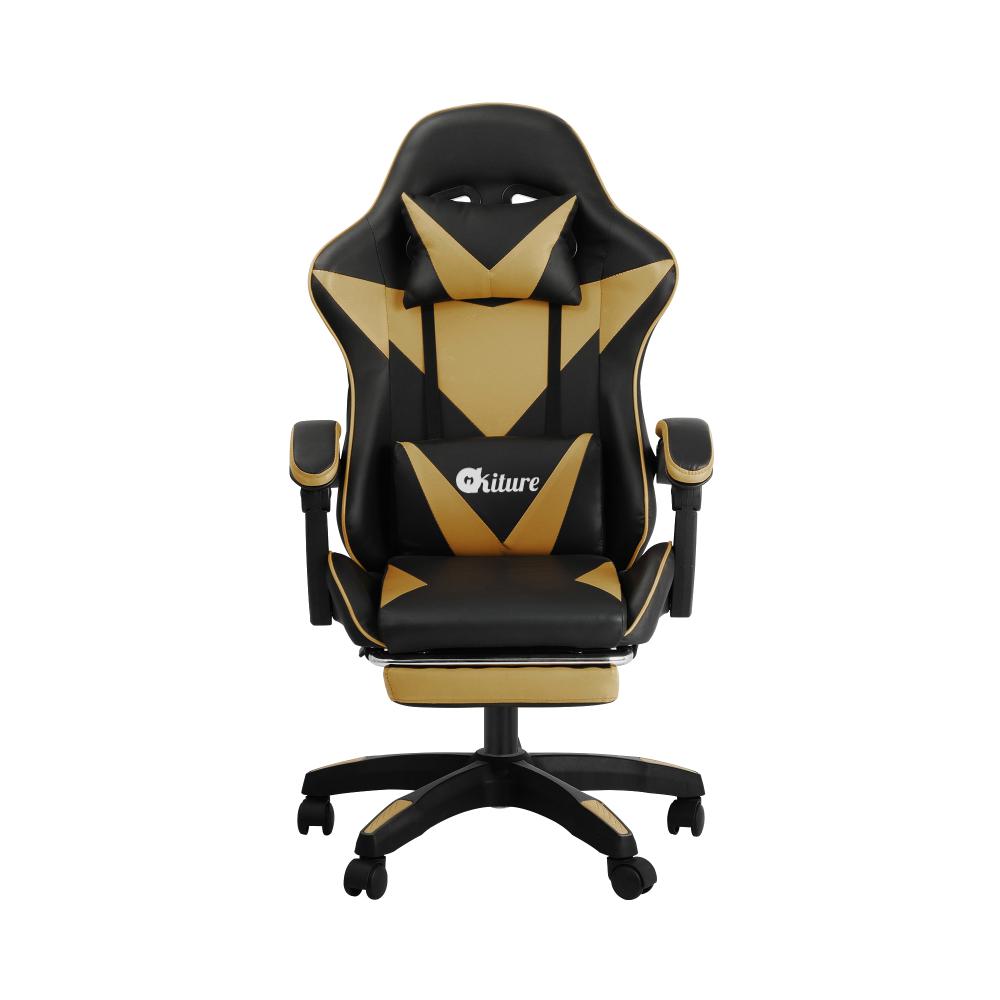 Oikiture Gaming Chair with Massage and 135¡ Recline, Executive Office Chair PU Leather Racing Chair with Footrest, Height Adjustable SGS Listed Gas-Lift, 160kg Capacity (Black&amp;Gold)-Racing Gaming Chair-PEROZ Accessories