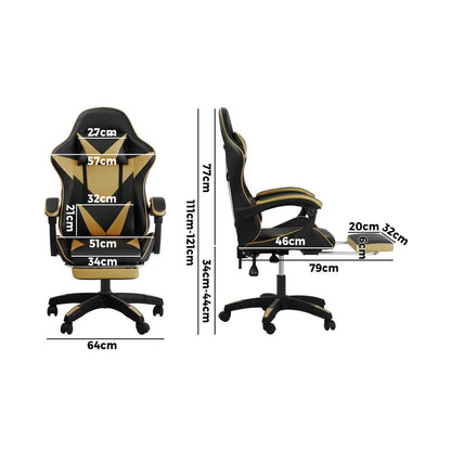 Oikiture Gaming Chair with Massage and 135¡ Recline, Executive Office Chair PU Leather Racing Chair with Footrest, Height Adjustable SGS Listed Gas-Lift, 160kg Capacity (Black&amp;Gold)-Racing Gaming Chair-PEROZ Accessories