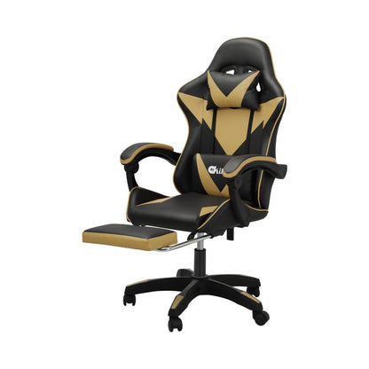 Oikiture Gaming Chair with Massage and 135¡ Recline, Executive Office Chair PU Leather Racing Chair with Footrest, Height Adjustable SGS Listed Gas-Lift, 160kg Capacity (Black&amp;Gold)-Racing Gaming Chair-PEROZ Accessories