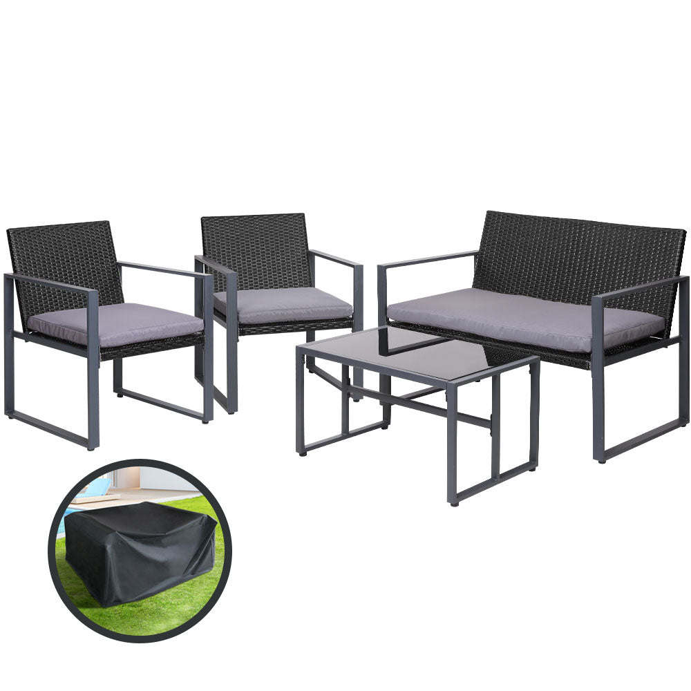 Gardeon 4 PCS Outdoor Dining Set Lounge Setting Patio Wicker Chairs Table w/Cover-Furniture &gt; Outdoor-PEROZ Accessories