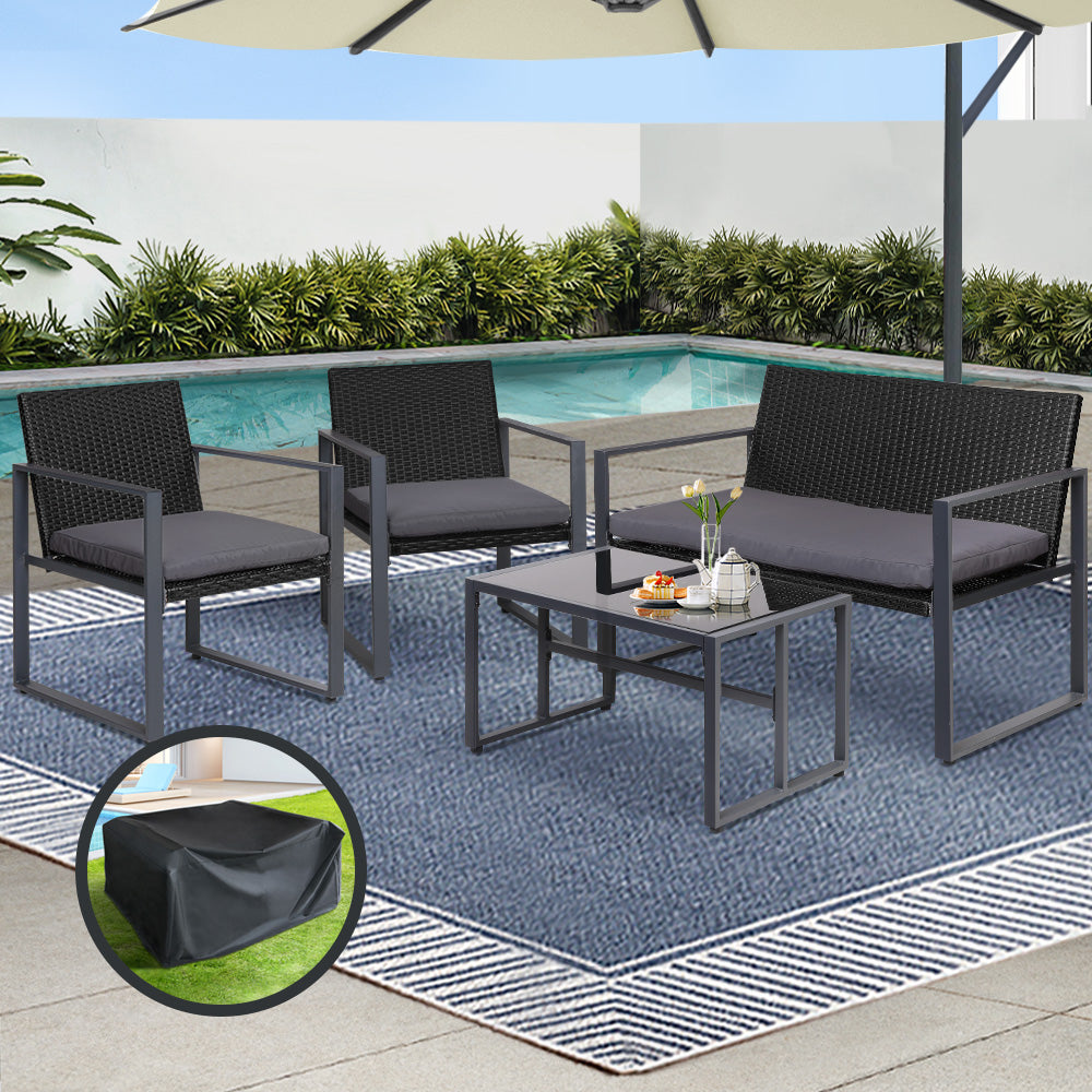 Gardeon 4 PCS Outdoor Dining Set Lounge Setting Patio Wicker Chairs Table w/Cover-Furniture &gt; Outdoor-PEROZ Accessories