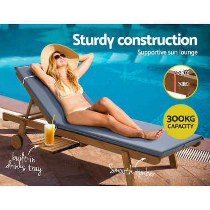 Gardeon Sun Lounge Wooden Lounger Outdoor Furniture Day Bed Wheel Patio Grey-Furniture &gt; Outdoor-PEROZ Accessories