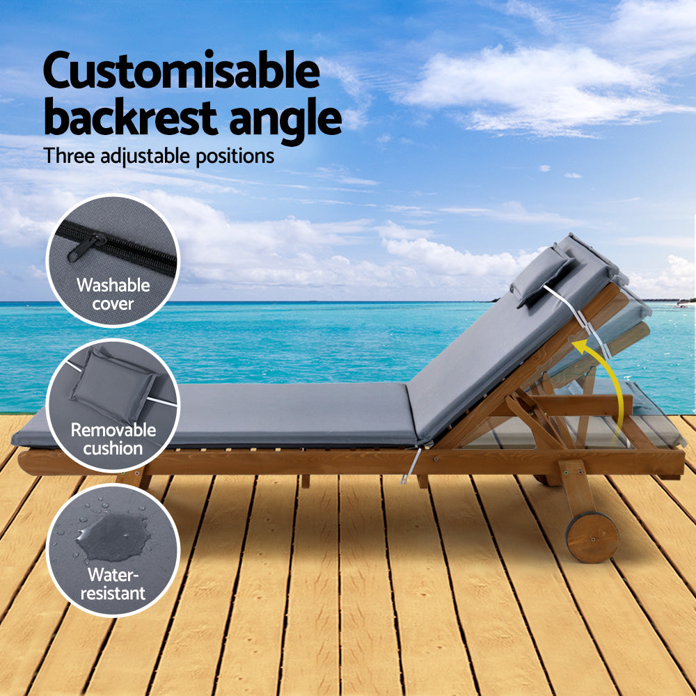 Gardeon Sun Lounge Wooden Lounger Outdoor Furniture Day Bed Wheel Patio Grey-Furniture &gt; Outdoor-PEROZ Accessories