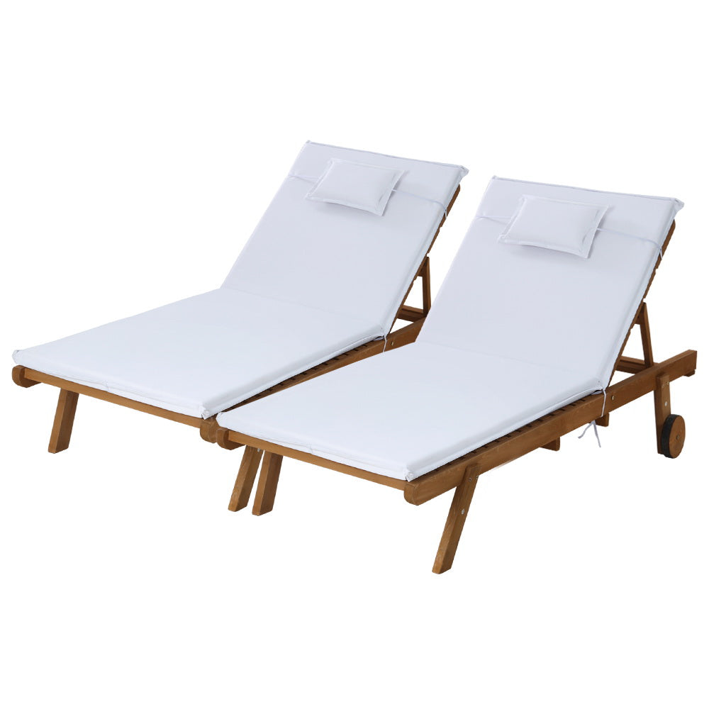 Gardeon 2pc Sun Lounge Wooden Lounger Outdoor Furniture Day Bed Wheel Patio White-Furniture &gt; Outdoor-PEROZ Accessories