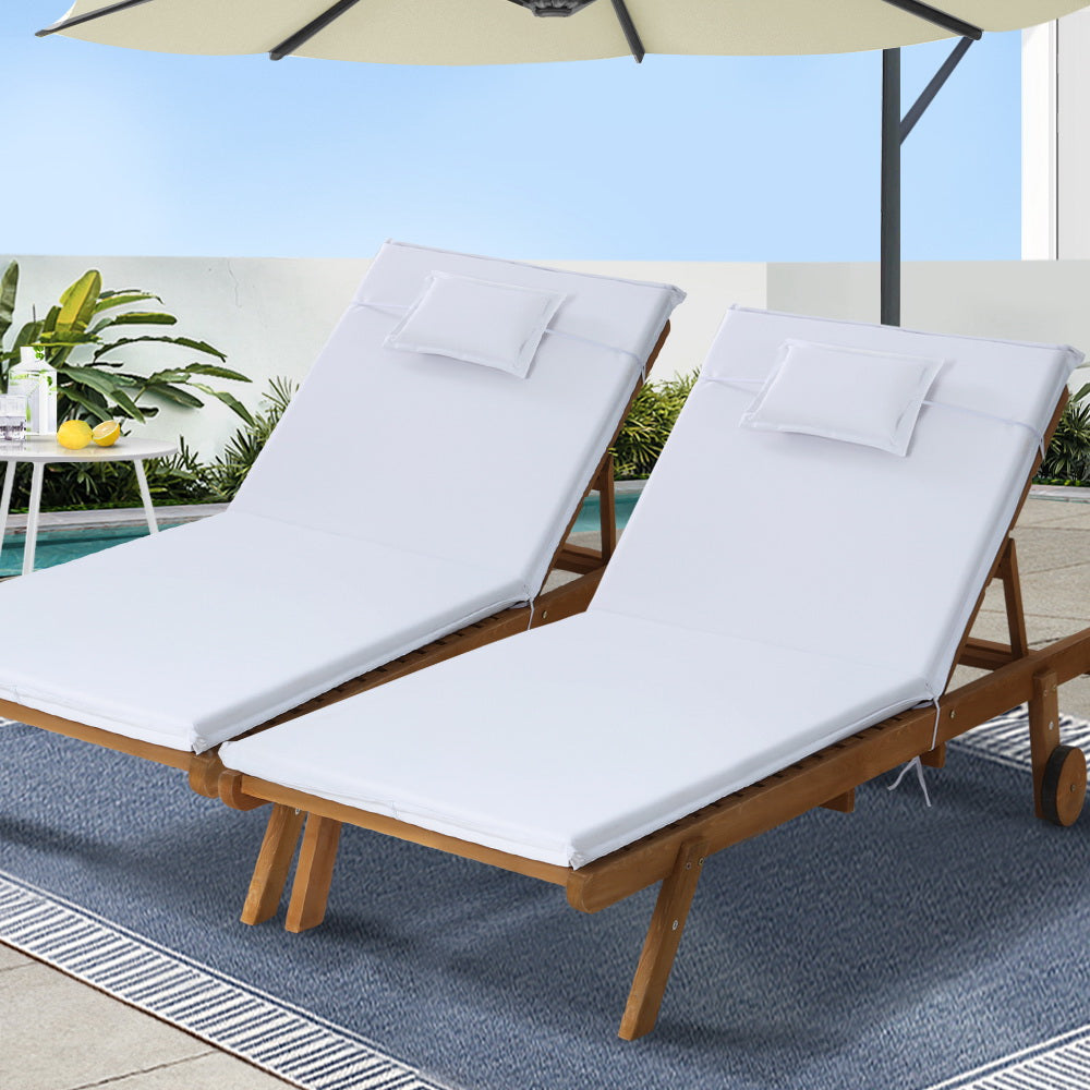 Gardeon 2pc Sun Lounge Wooden Lounger Outdoor Furniture Day Bed Wheel Patio White-Furniture &gt; Outdoor-PEROZ Accessories