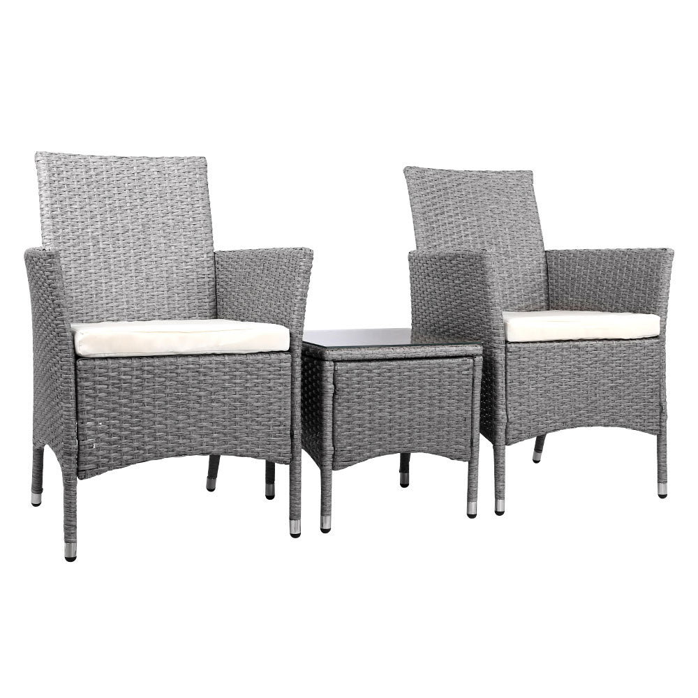 3 Piece Wicker Outdoor Chair Side Table Furniture Set - Grey-Furniture &gt; Outdoor-PEROZ Accessories