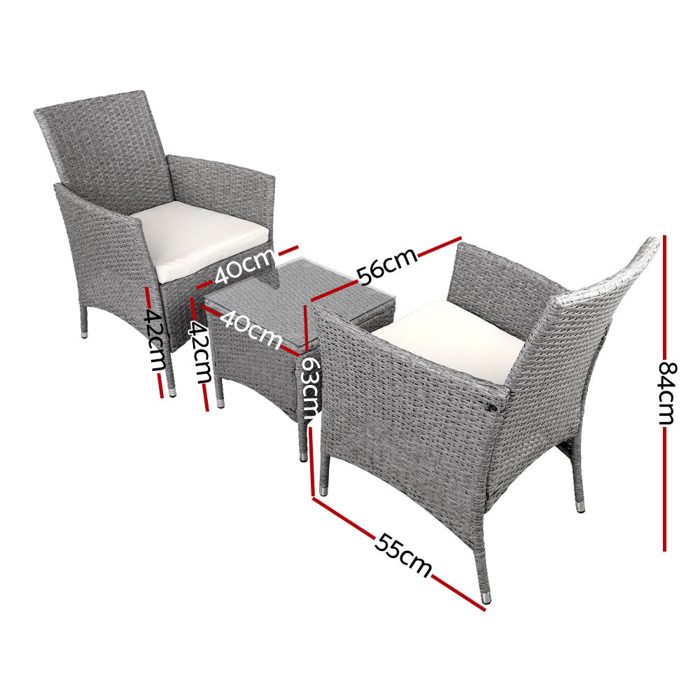 3 Piece Wicker Outdoor Chair Side Table Furniture Set - Grey-Furniture &gt; Outdoor-PEROZ Accessories