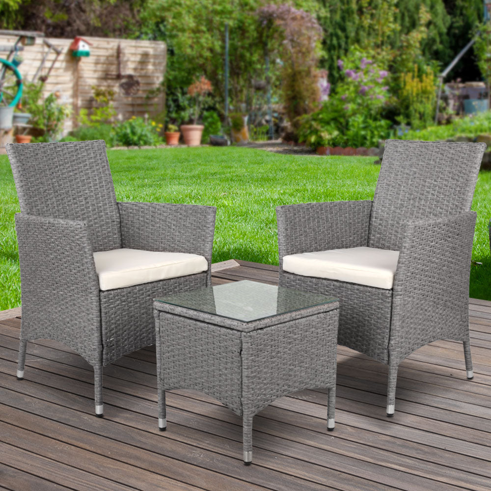 3 Piece Wicker Outdoor Chair Side Table Furniture Set - Grey-Furniture &gt; Outdoor-PEROZ Accessories