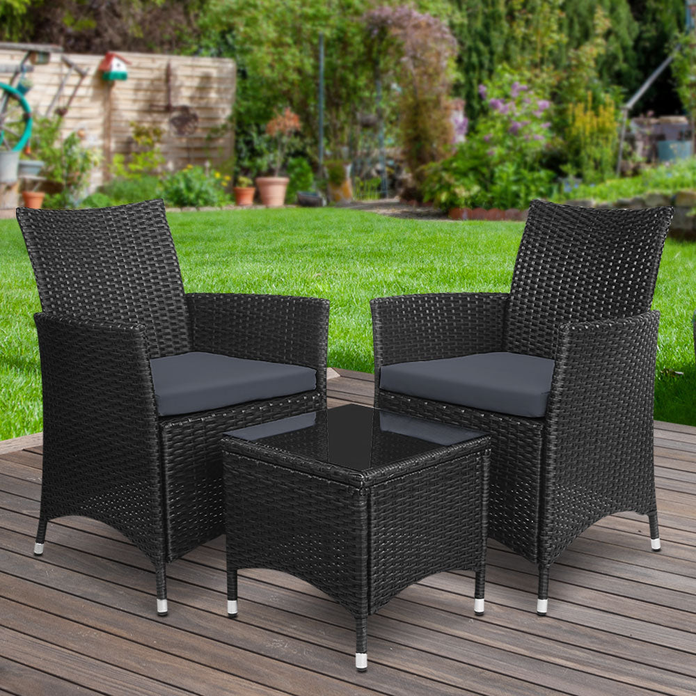 Gardeon 3pc Bistro Wicker Outdoor Furniture Set Black-Furniture &gt; Outdoor-PEROZ Accessories