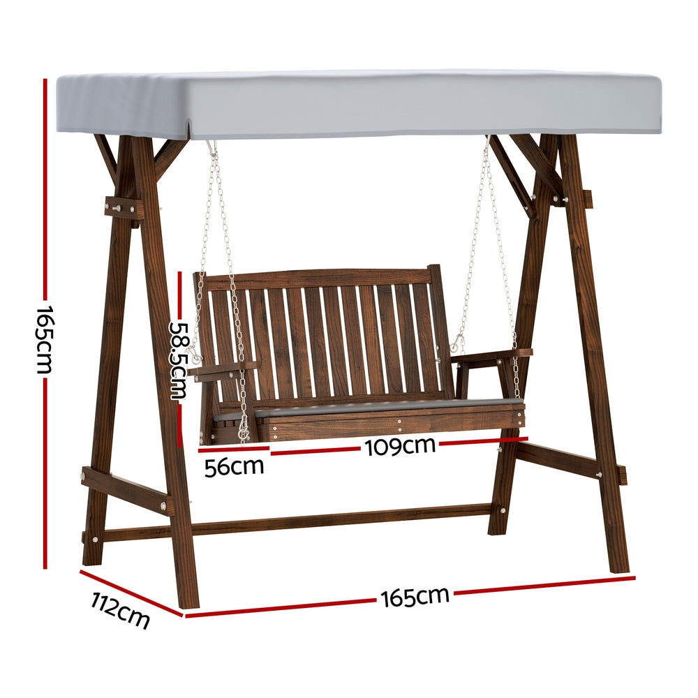 Gardeon Outdoor Wooden Swing Chair Garden Bench Canopy Cushion 2 Seater Charcoal-Swing Chairs-PEROZ Accessories