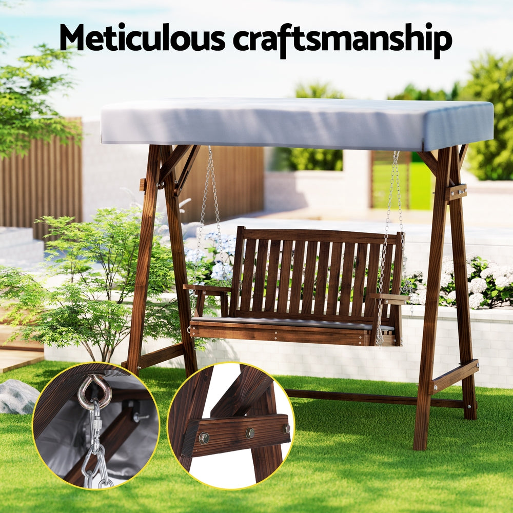 Gardeon Outdoor Wooden Swing Chair Garden Bench Canopy Cushion 2 Seater Charcoal-Swing Chairs-PEROZ Accessories