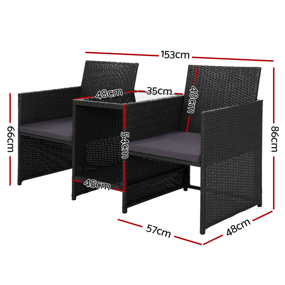 Gardeon Outdoor Setting Wicker Loveseat Birstro Set Patio Garden Furniture Black-Furniture &gt; Outdoor-PEROZ Accessories