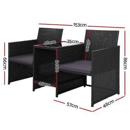 Gardeon Outdoor Setting Wicker Loveseat Birstro Set Patio Garden Furniture Black-Furniture &gt; Outdoor-PEROZ Accessories