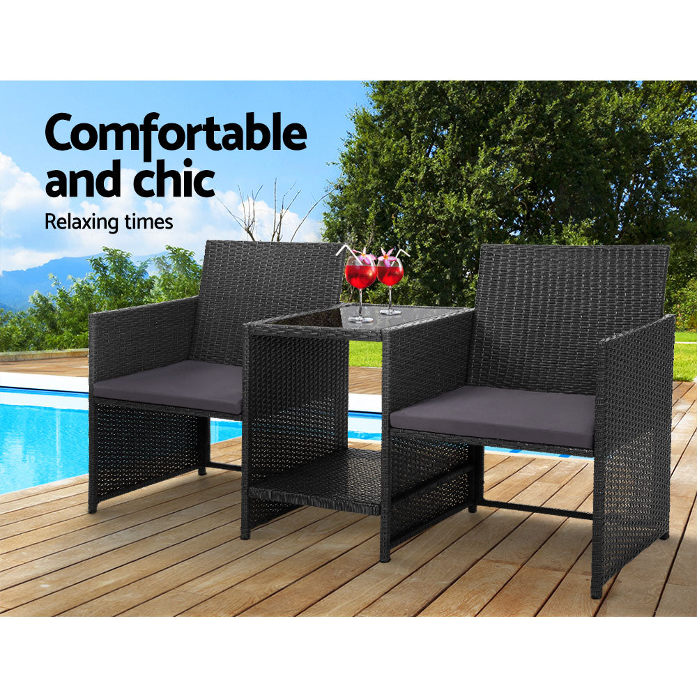 Gardeon Outdoor Setting Wicker Loveseat Birstro Set Patio Garden Furniture Black-Furniture &gt; Outdoor-PEROZ Accessories