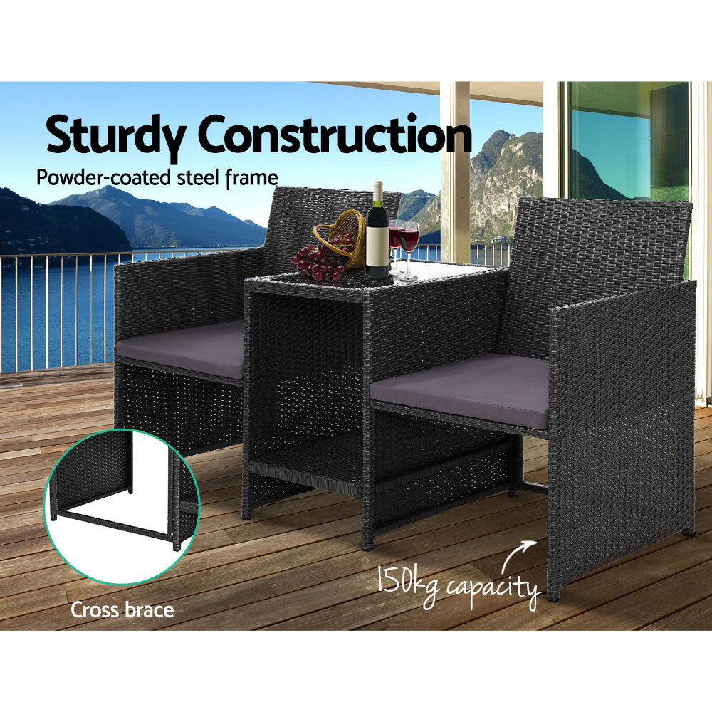 Gardeon Outdoor Setting Wicker Loveseat Birstro Set Patio Garden Furniture Black-Furniture &gt; Outdoor-PEROZ Accessories