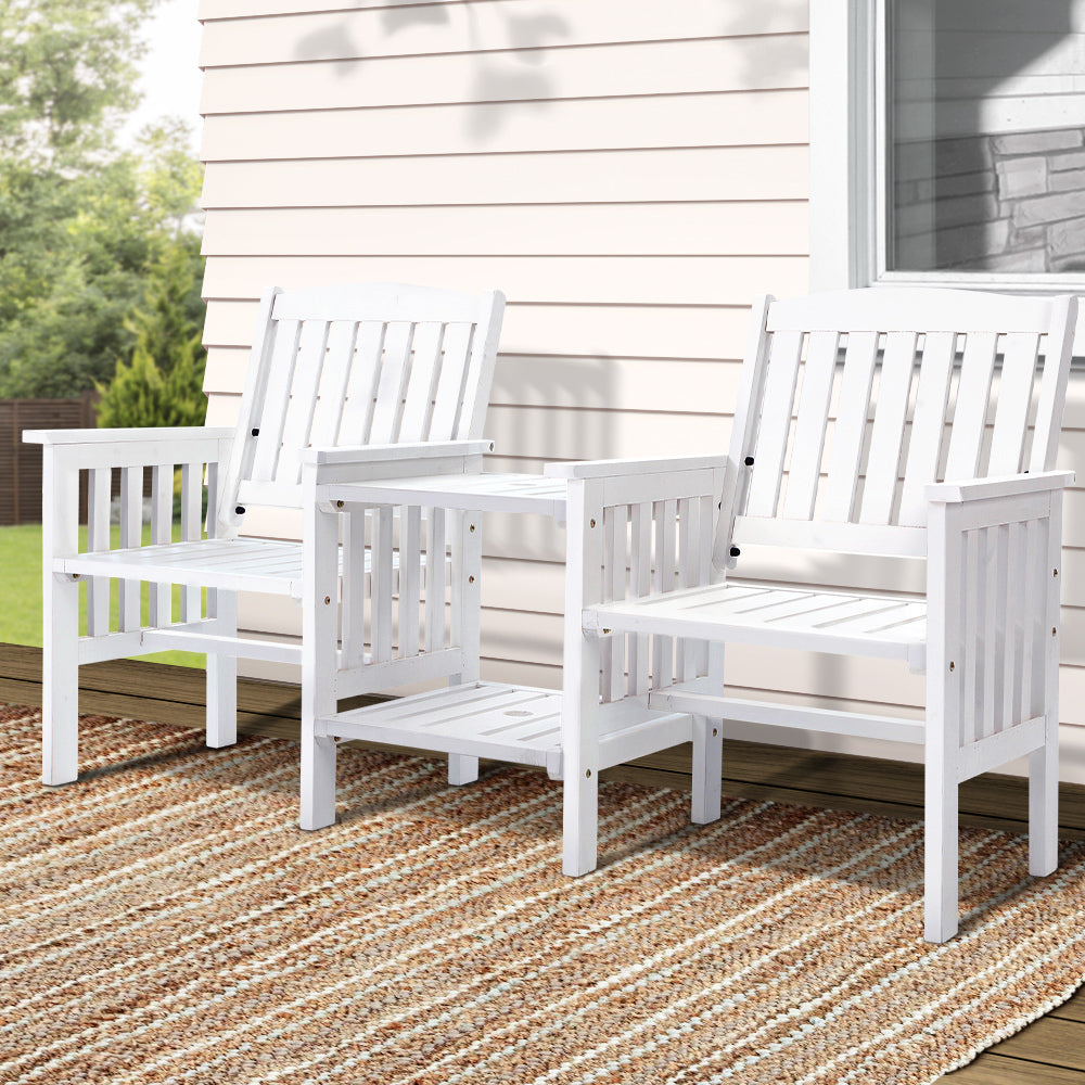 Gardeon Outdoor Garden Bench Loveseat Wooden Table Chairs Patio Furniture White-Outdoor Benches-PEROZ Accessories