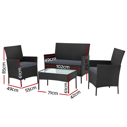 Gardeon 4-piece Outdoor Lounge Setting Wicker Patio Furniture Dining Set Black-Furniture &gt; Outdoor-PEROZ Accessories