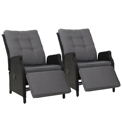 Gardeon Set of 2 Recliner Chairs Sun lounge Outdoor Furniture Setting Patio Wicker Sofa Black-Furniture &gt; Outdoor-PEROZ Accessories