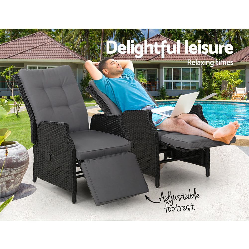 Gardeon Set of 2 Recliner Chairs Sun lounge Outdoor Furniture Setting Patio Wicker Sofa Black-Furniture &gt; Outdoor-PEROZ Accessories