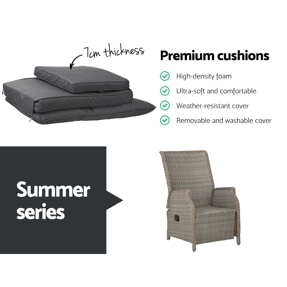 Gardeon Set of 2 Recliner Chairs Sun lounge Outdoor Furniture Setting Patio Wicker Sofa Grey-Furniture &gt; Outdoor-PEROZ Accessories